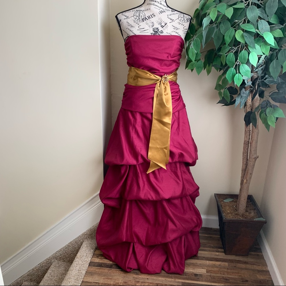 Elena Do Vale Strapless Silk Ruffle Fuchsia Gown Gold Sash Sz S